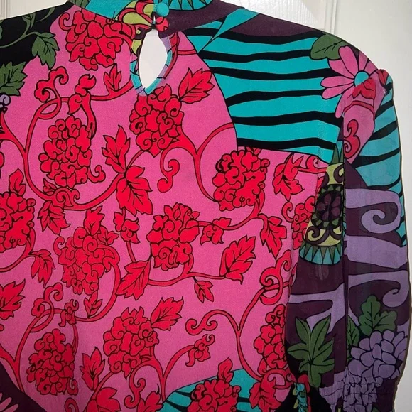 Bisou Bisou Pink Graphic Blouse Bisou Bisou Retro Floral Long Sleeve Bodysuit" - Picture 2 of 5